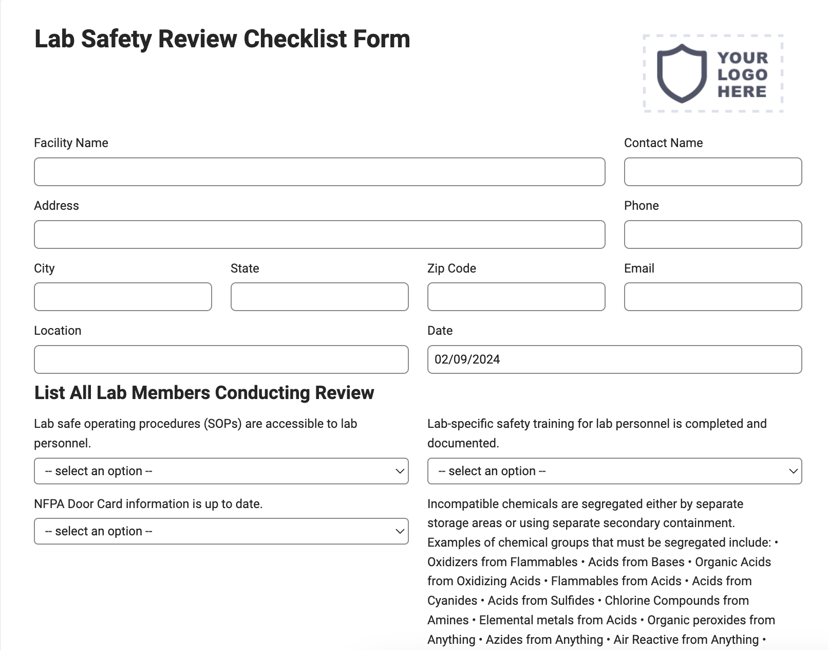 Laboratory Self Inspection Checklist Form For Mobile Tablet Fillable