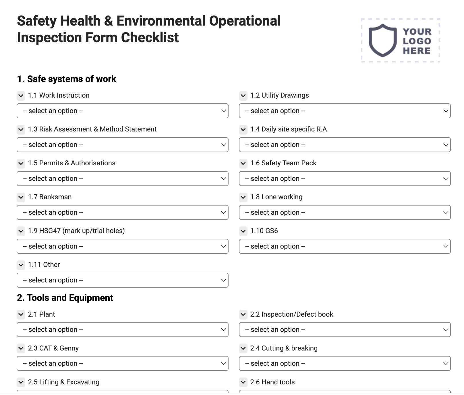 Safety Health & Environmental Operational Inspection Form Checklist