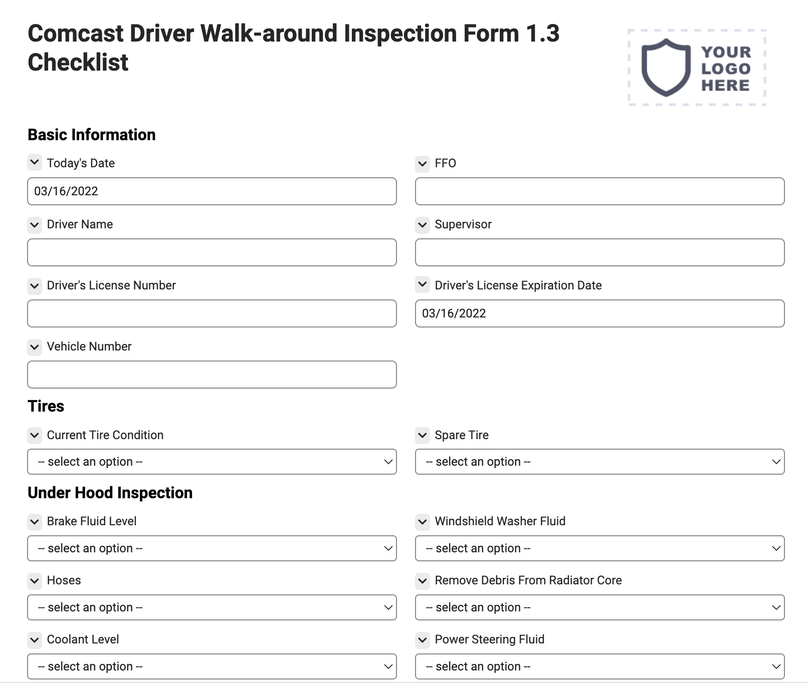 Comcast Driver Walk-around Inspection Form 1.3 Checklist
