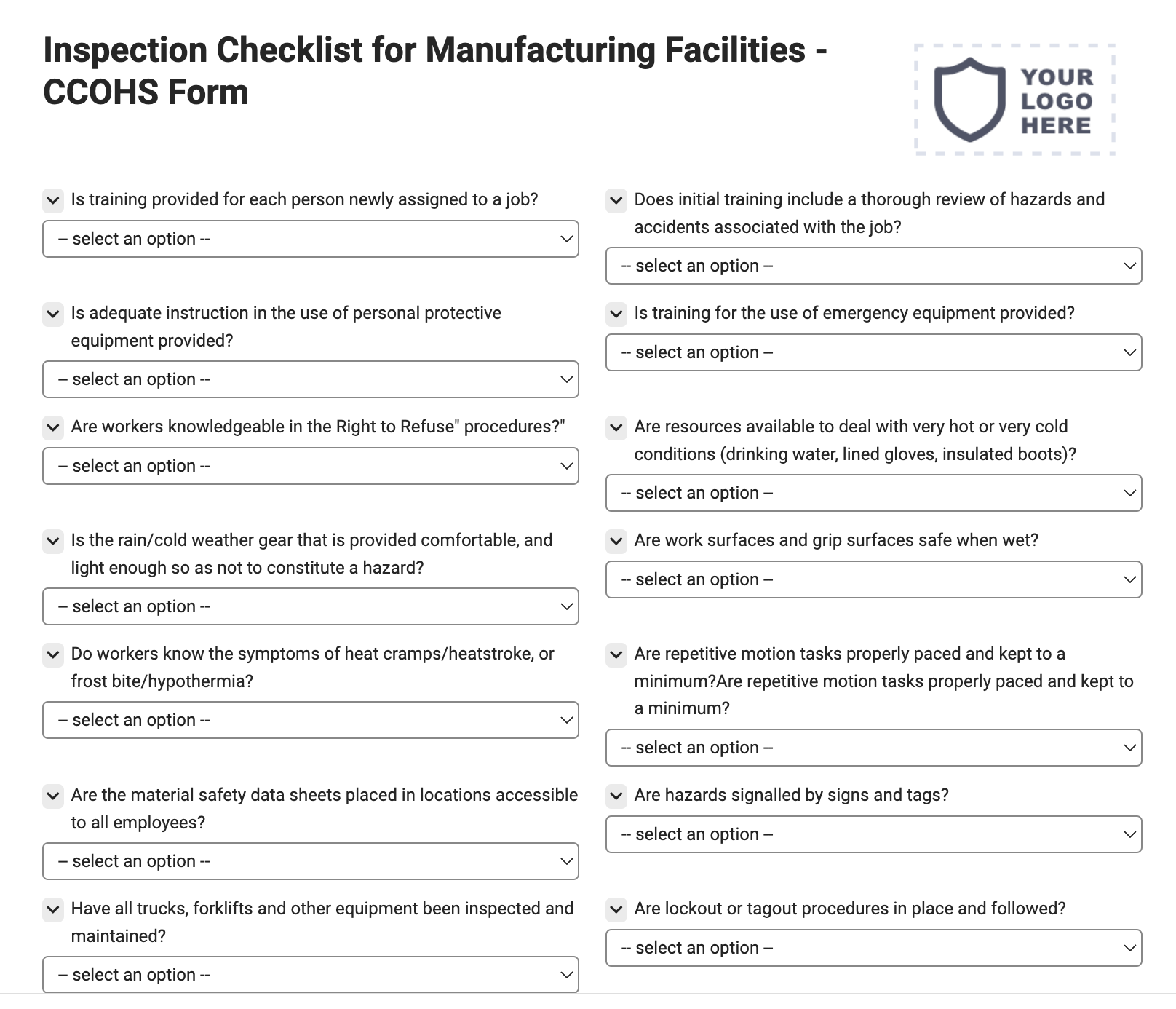 Inspection Checklist for Manufacturing Facilities - CCOHS