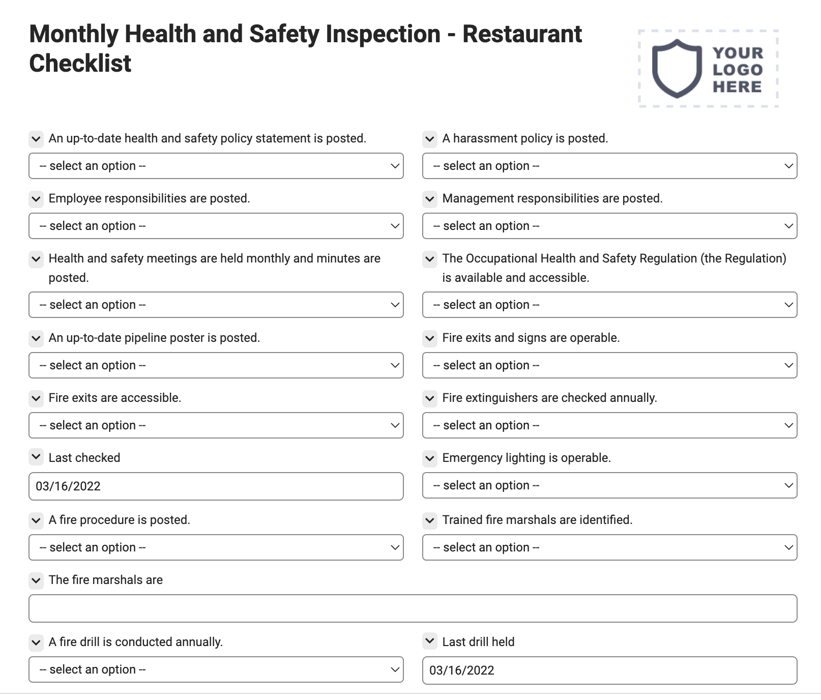 Monthly Health and Safety Inspection - Restaurant Checklist