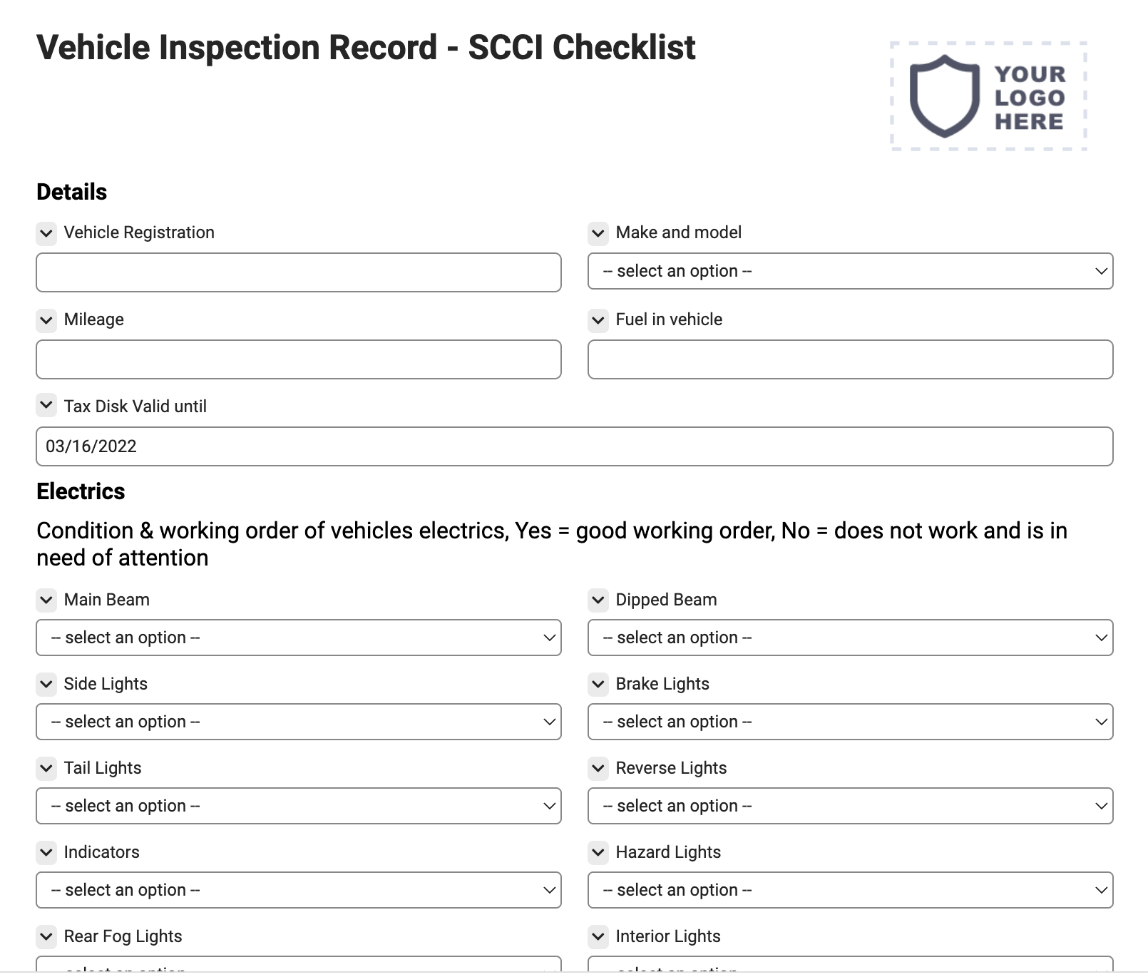 Vehicle Inspection Record - SCCI Checklist