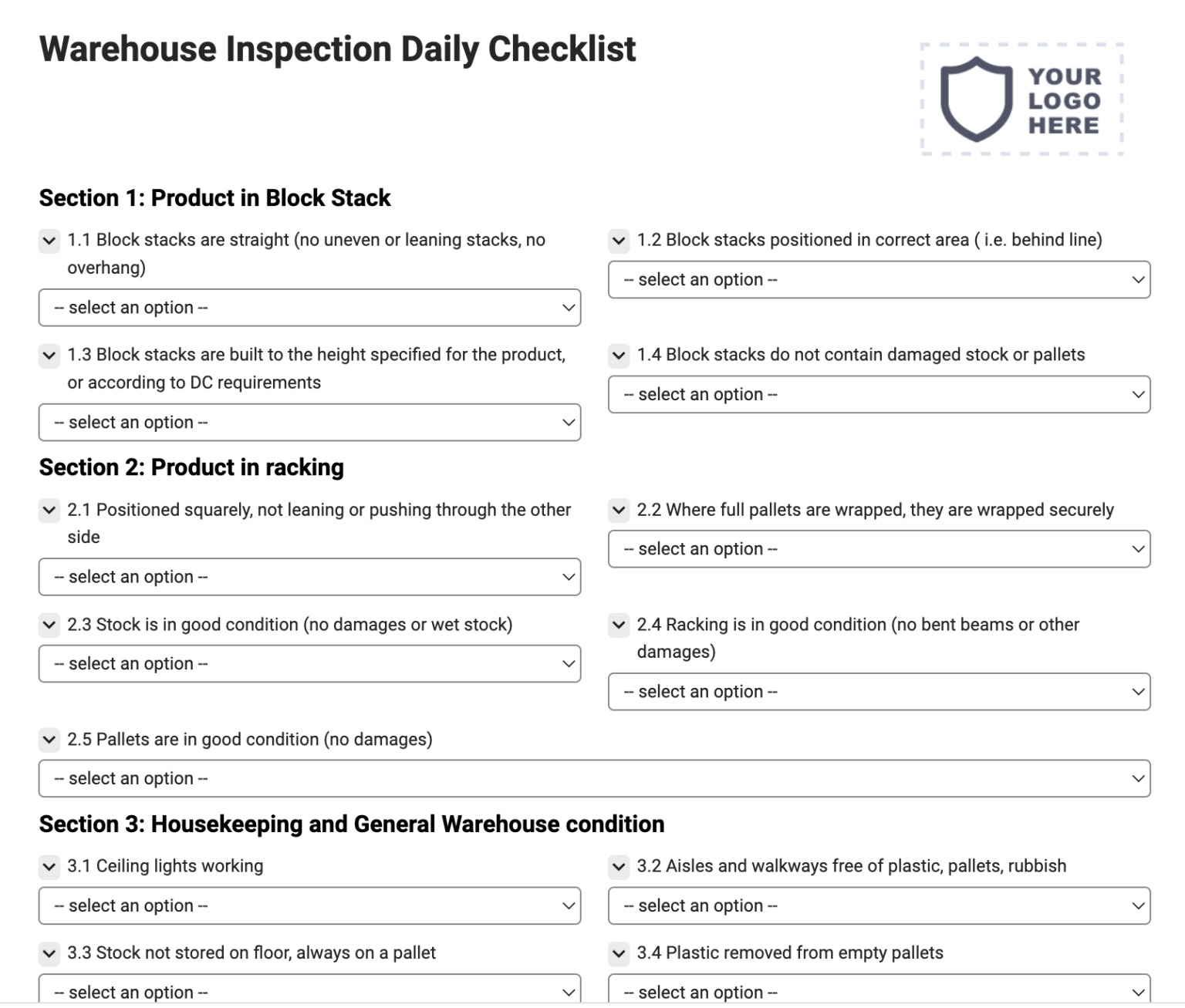 Warehouse Inspection Daily Checklist Joyfill 2216