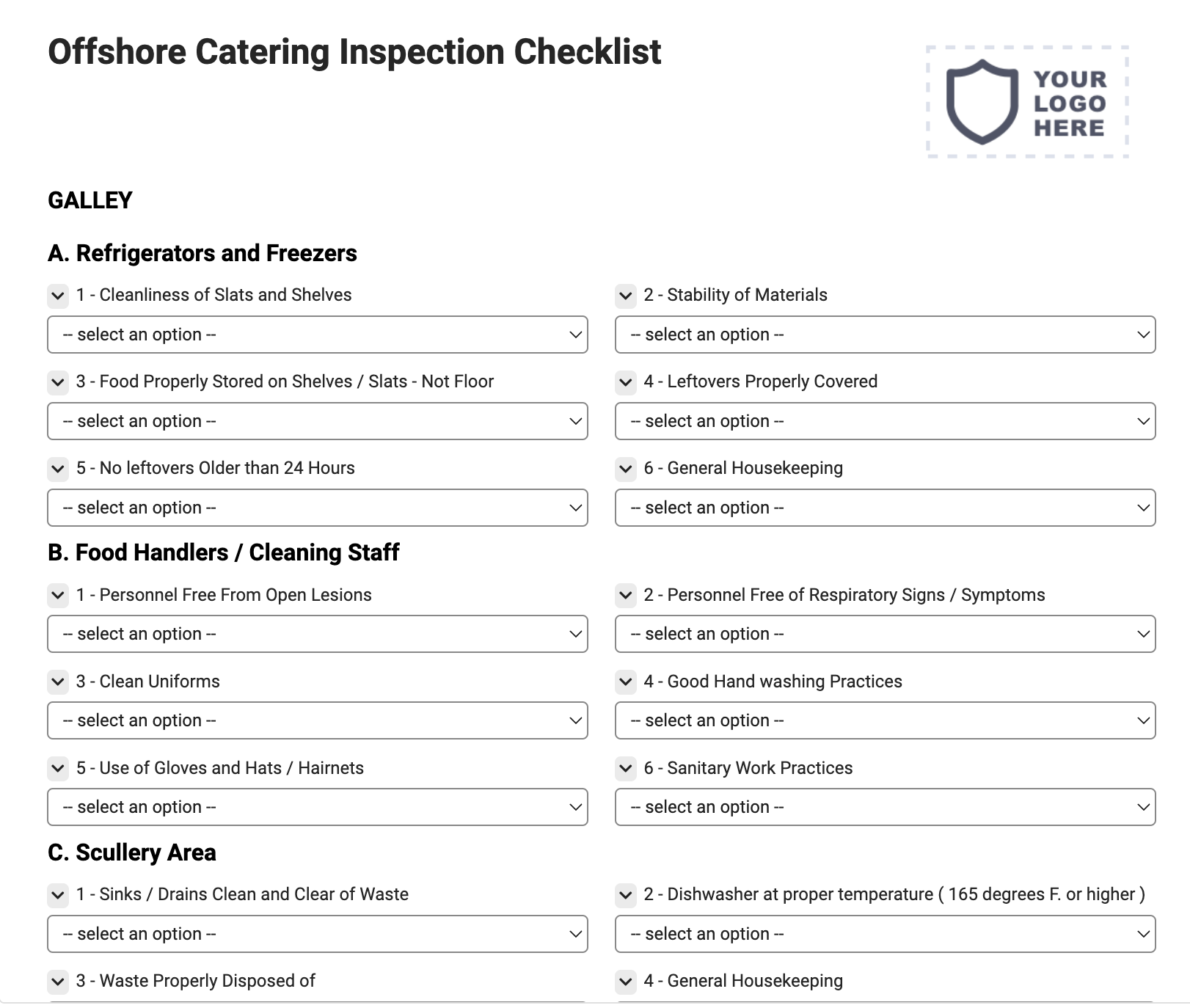 Offshore Catering Inspection Checklist