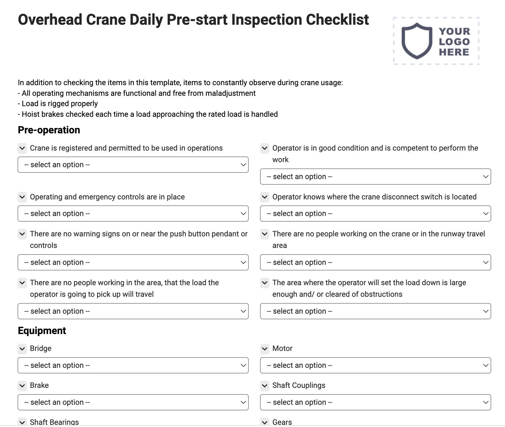 Overhead Crane Daily Pre-start Inspection Checklist