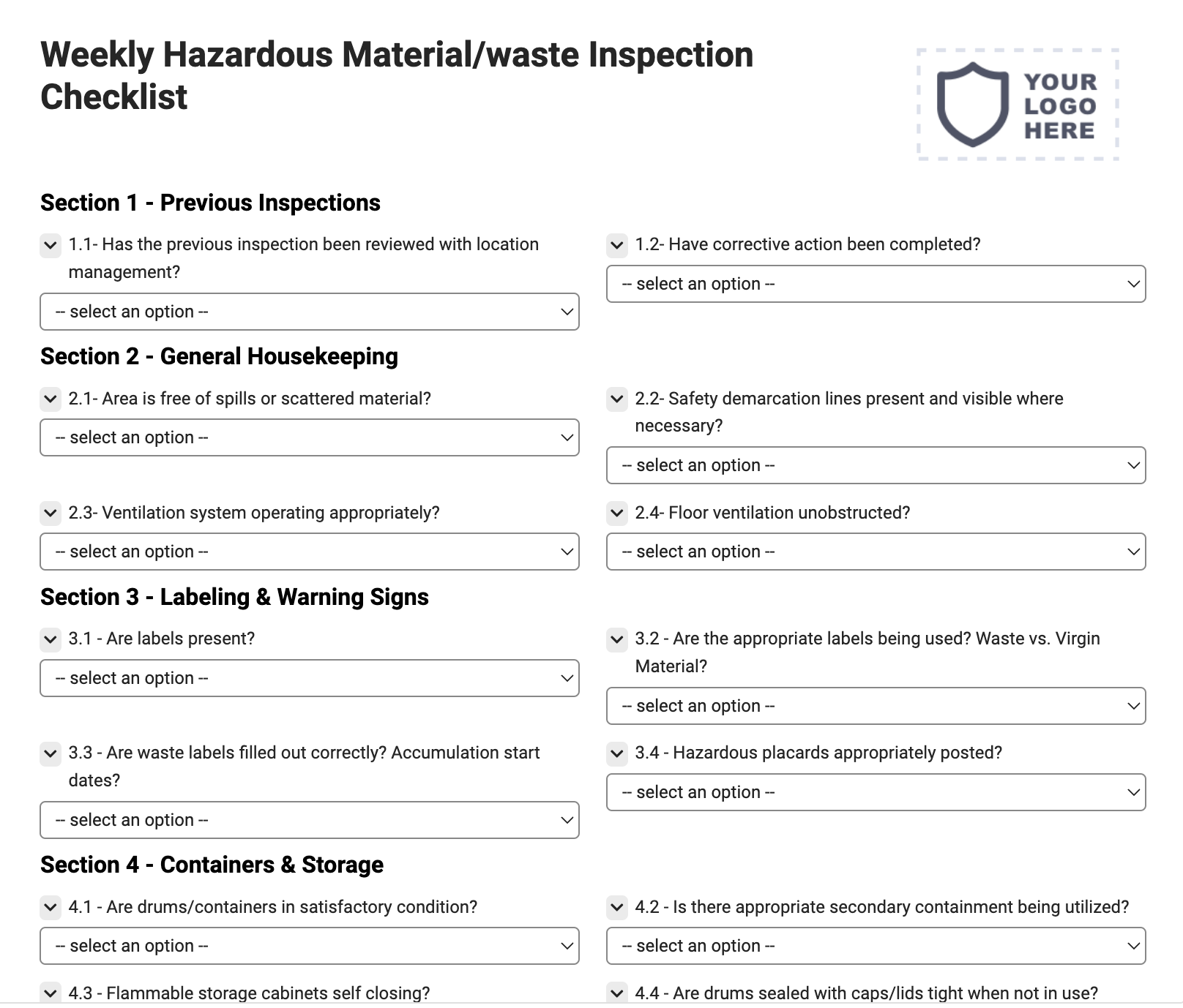 Weekly Hazardous Material/waste Inspection Checklist