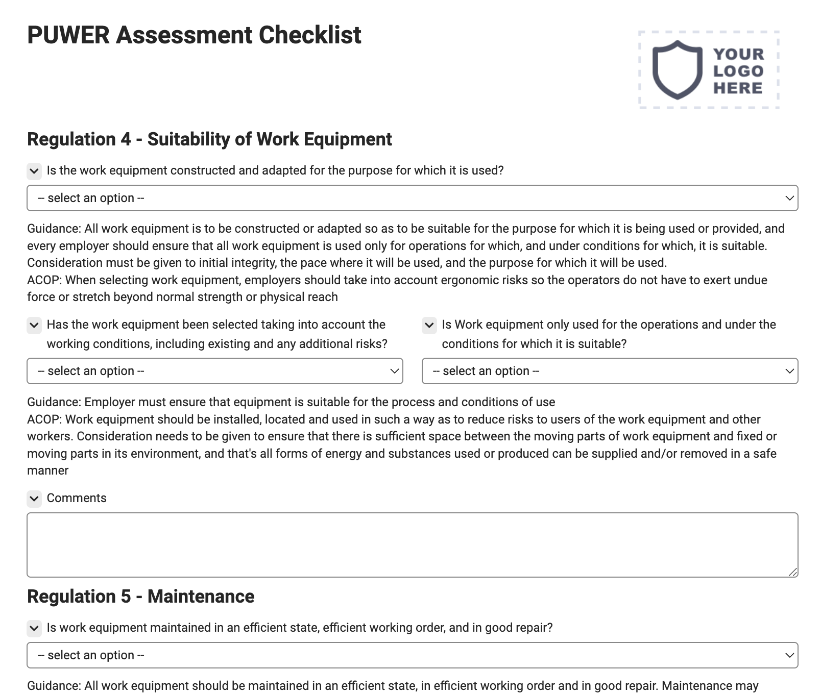 PUWER Assessment Checklist