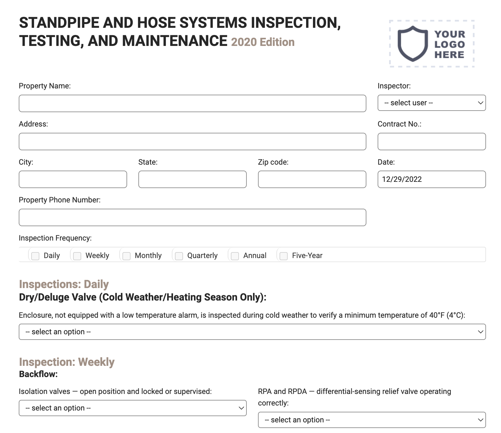 Standpipe and Hose Inspection Form (NFPA 25) for Mobile, Tablet