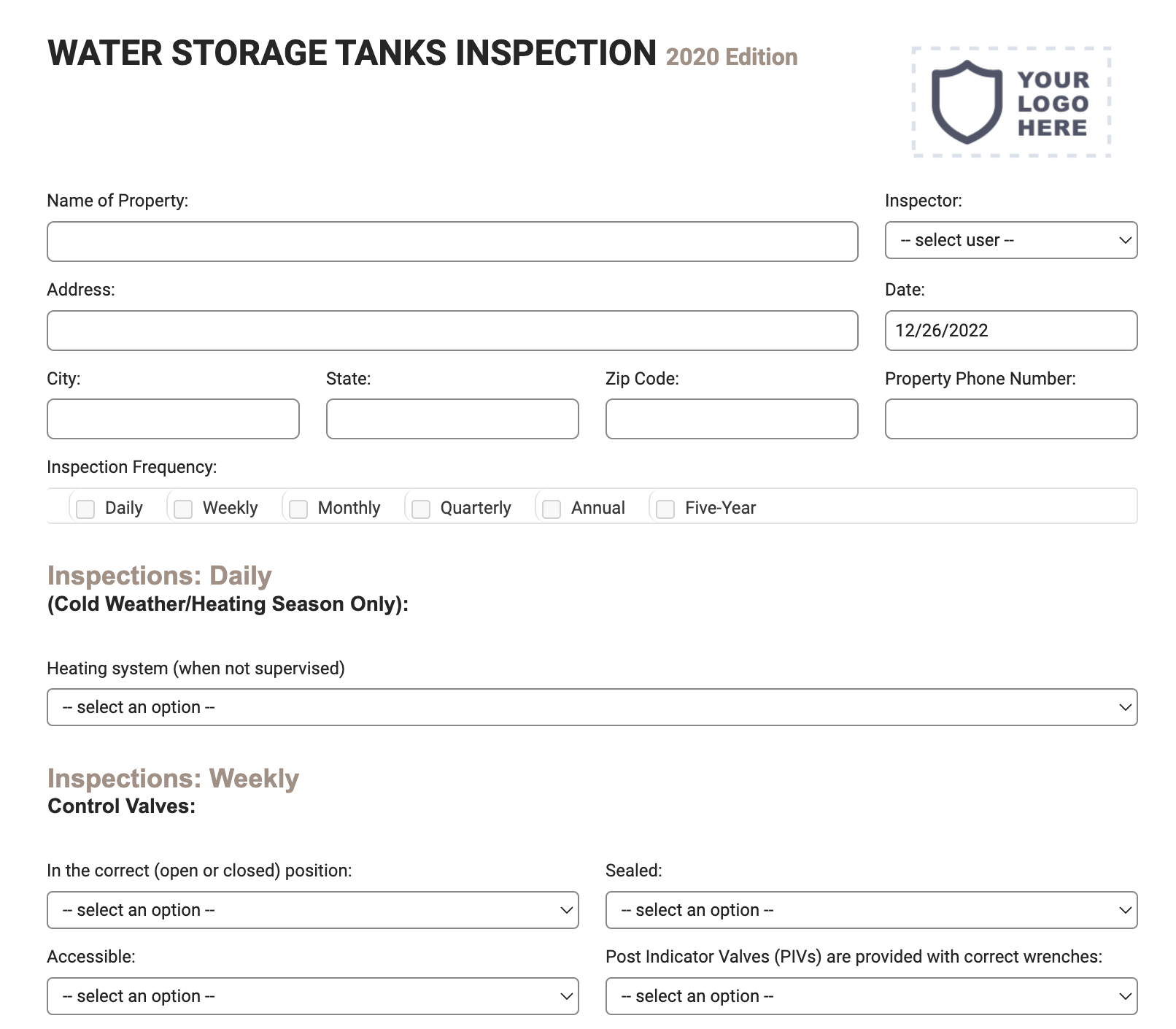 Water Storage Tanks Inspection Form (NFPA 25) for Mobile, Tablet ...