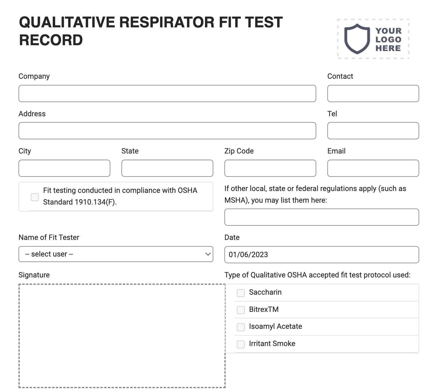 Qualitative Respirator Fit Test Form for Mobile, Tablet, Fillable PDF