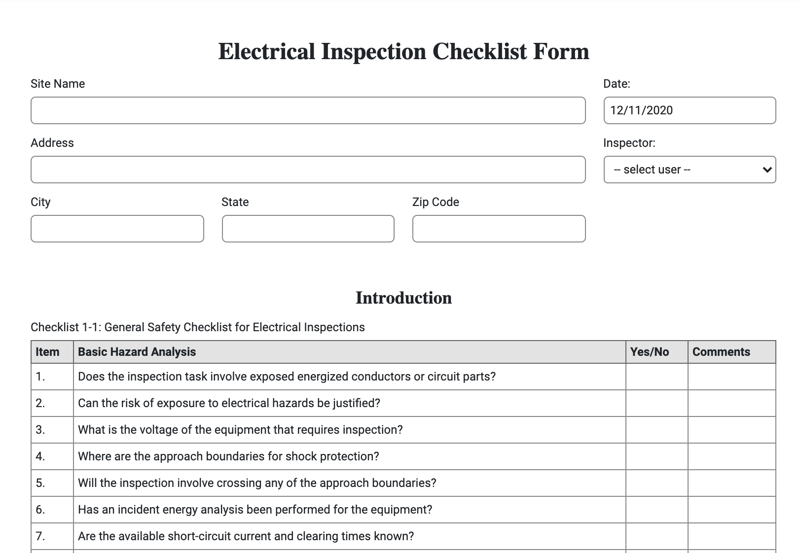 Electrical Inspection Checklist Form Joyfill 0655
