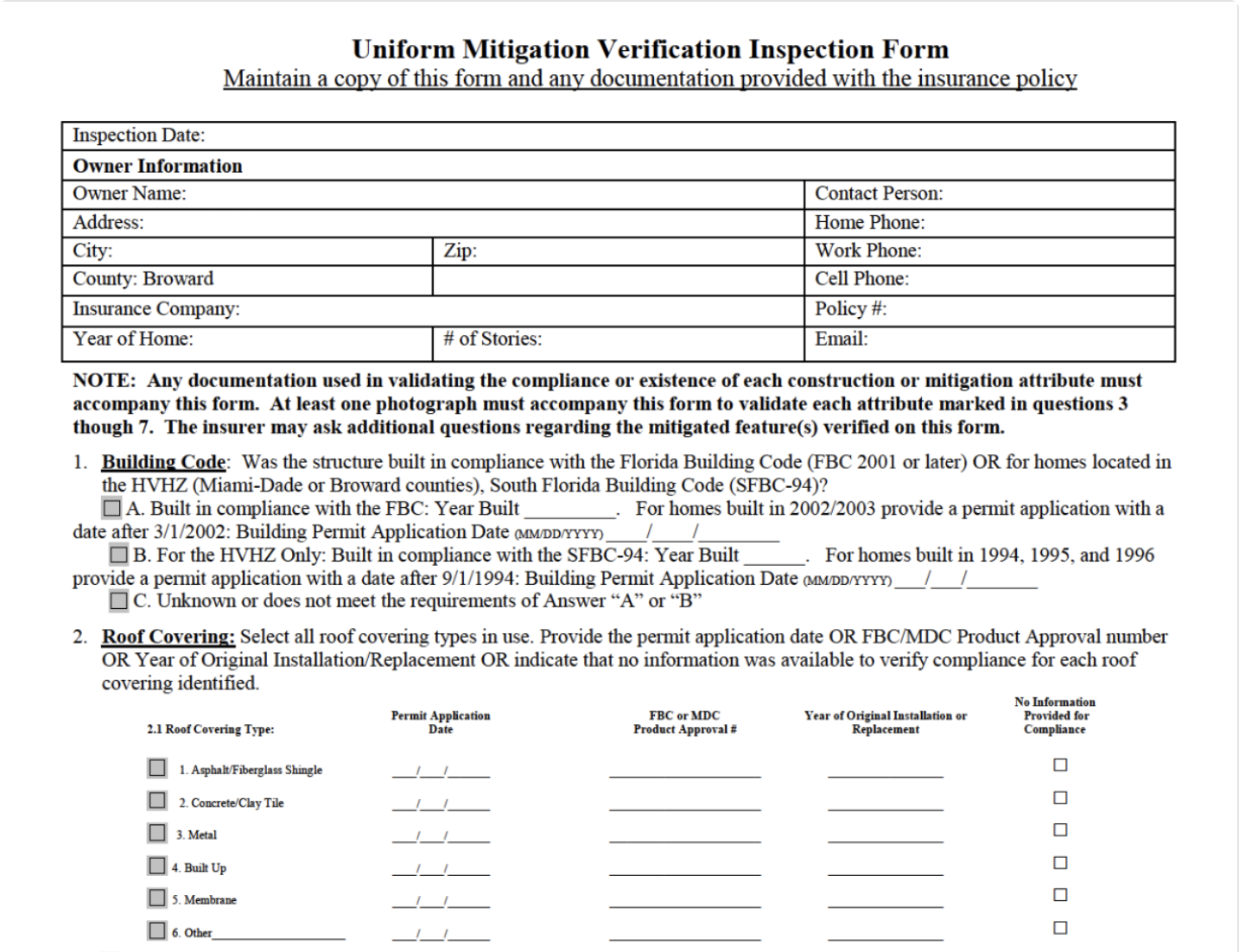 Uniform Wind Mitigation Verification Inspection Form Joyfill 1541